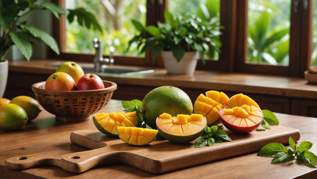 slicing ripe mangoes carefully